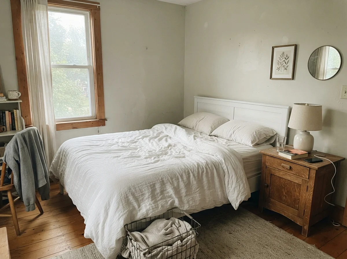 Simple bedroom in cool morning daylight with unmade white bedding and October Mist walls