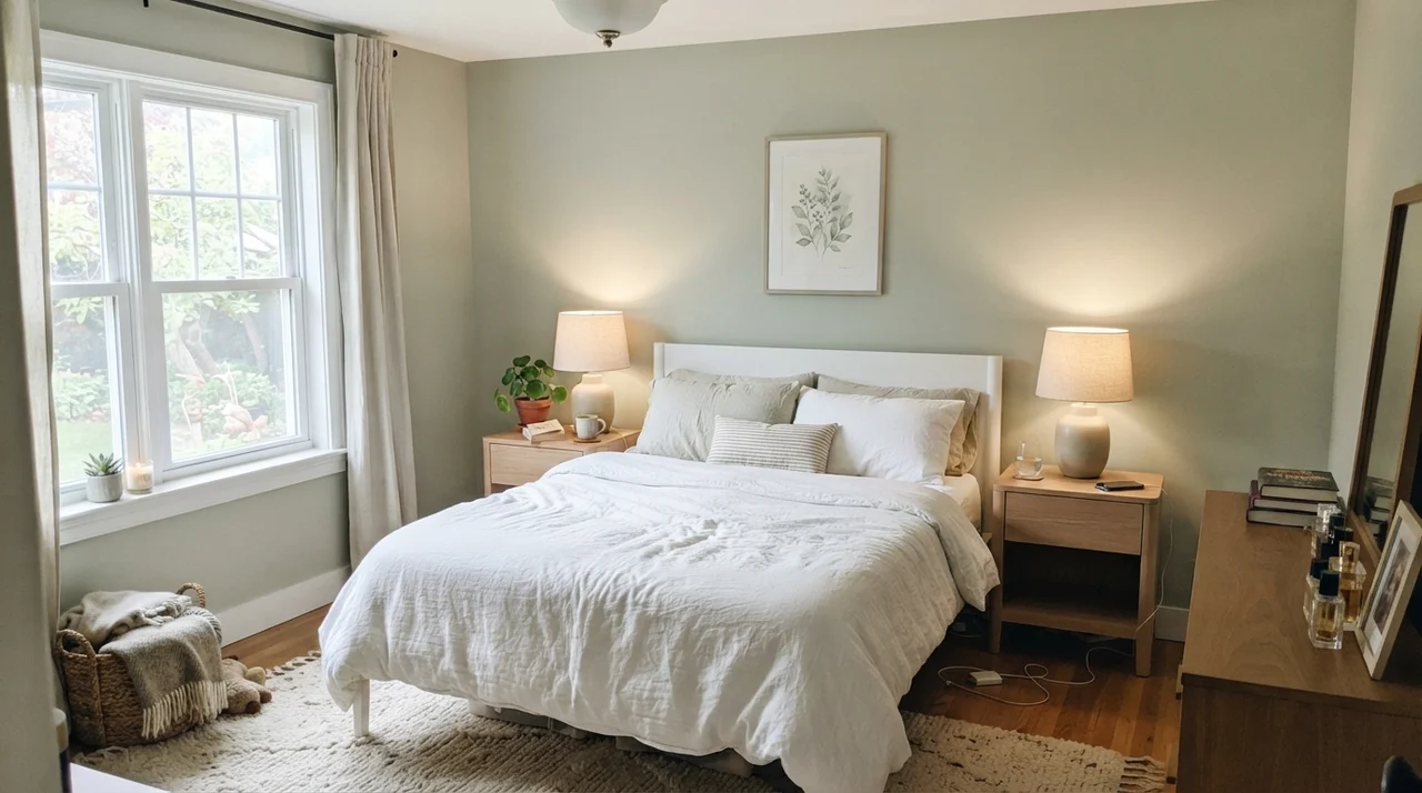 Main bedroom with white linen bedding, pale oak nightstands, and October Mist walls
