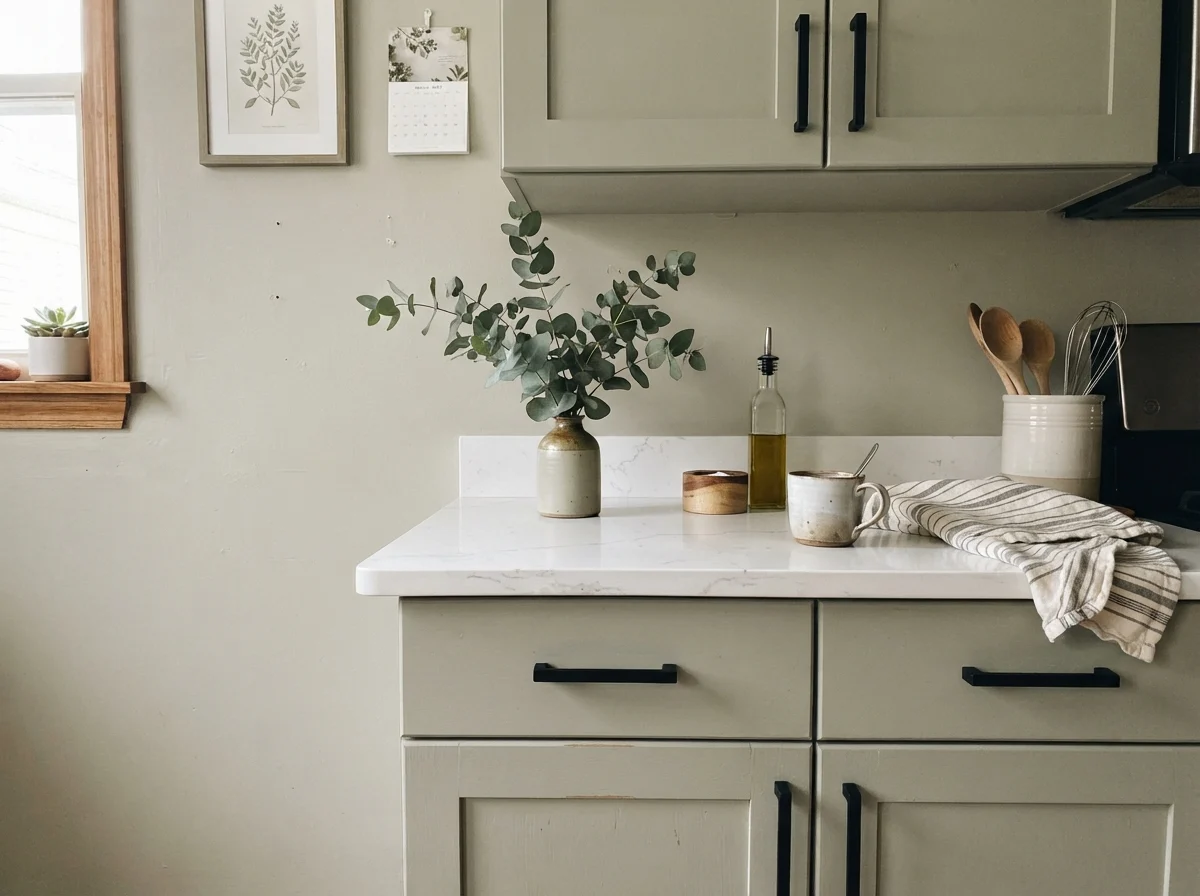 Close up of October Mist shaker cabinet with matte black hardware and white quartz