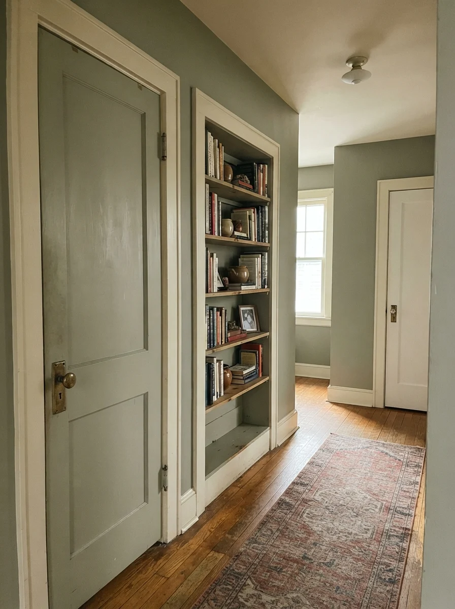 Two-panel door and built-in bookshelf painted October Mist against cream hallway walls