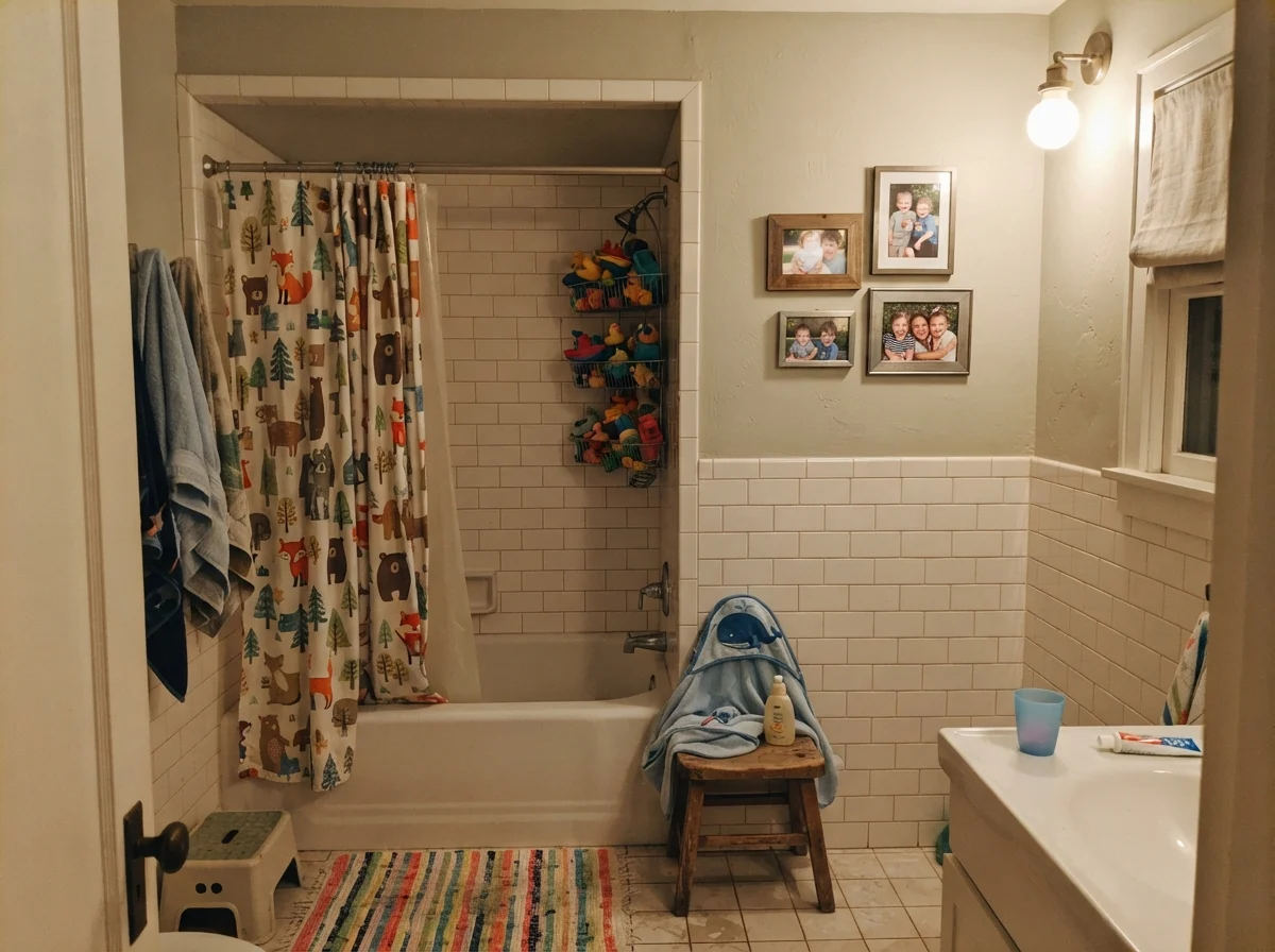 Kids bathroom with painted upper walls, subway tile, and colorful bath toys