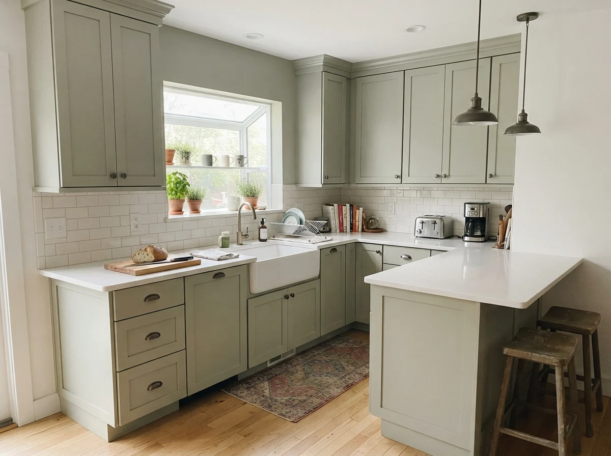 Kitchen shaker cabinets painted October Mist with white counters and light oak floors