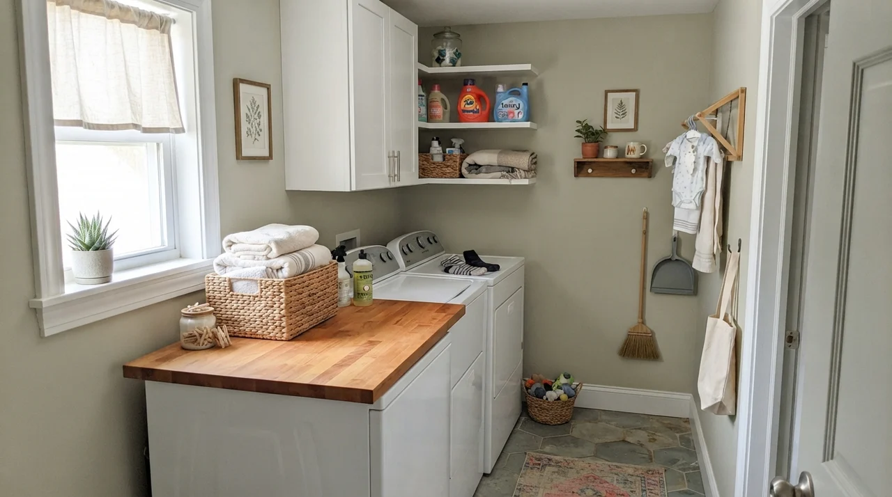 Bright laundry room with butcher-block counter and October Mist walls