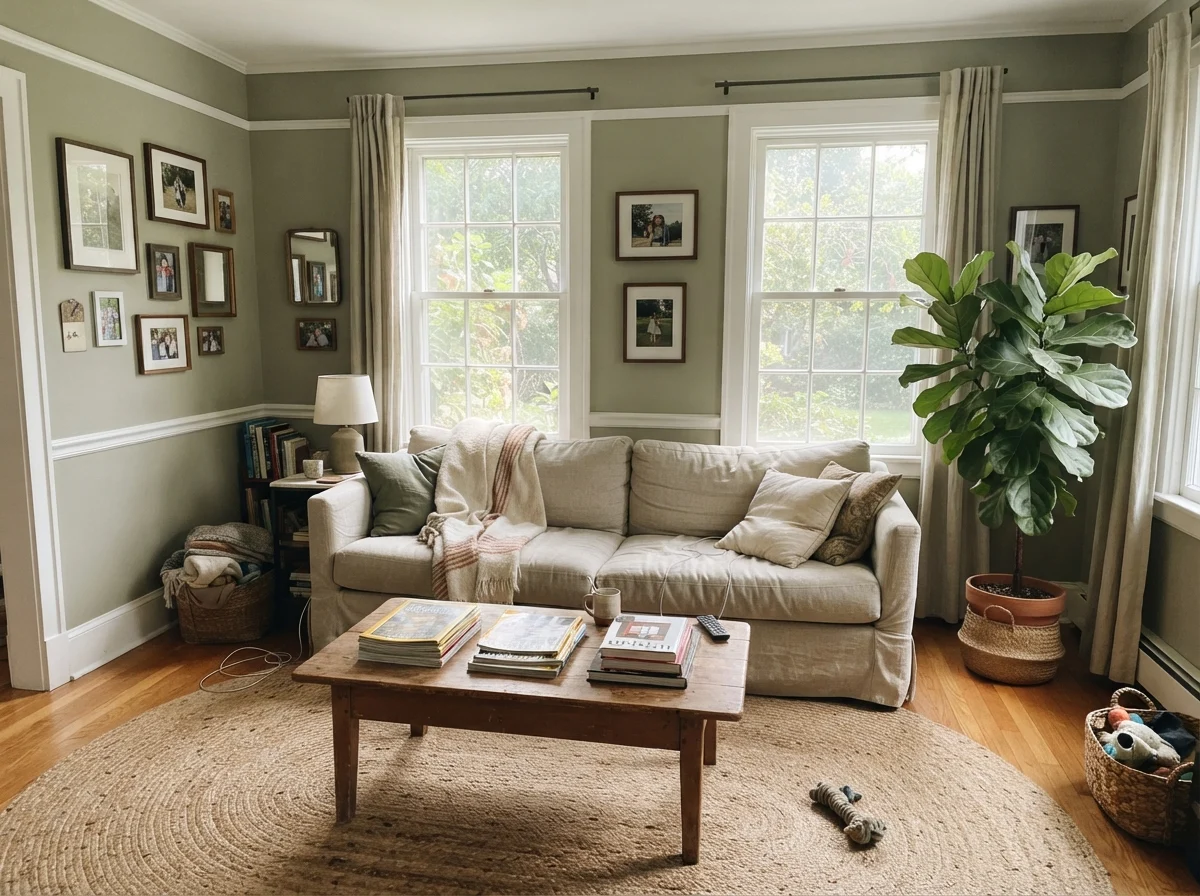 Living room filled with midday sun, linen sofa, and October Mist walls