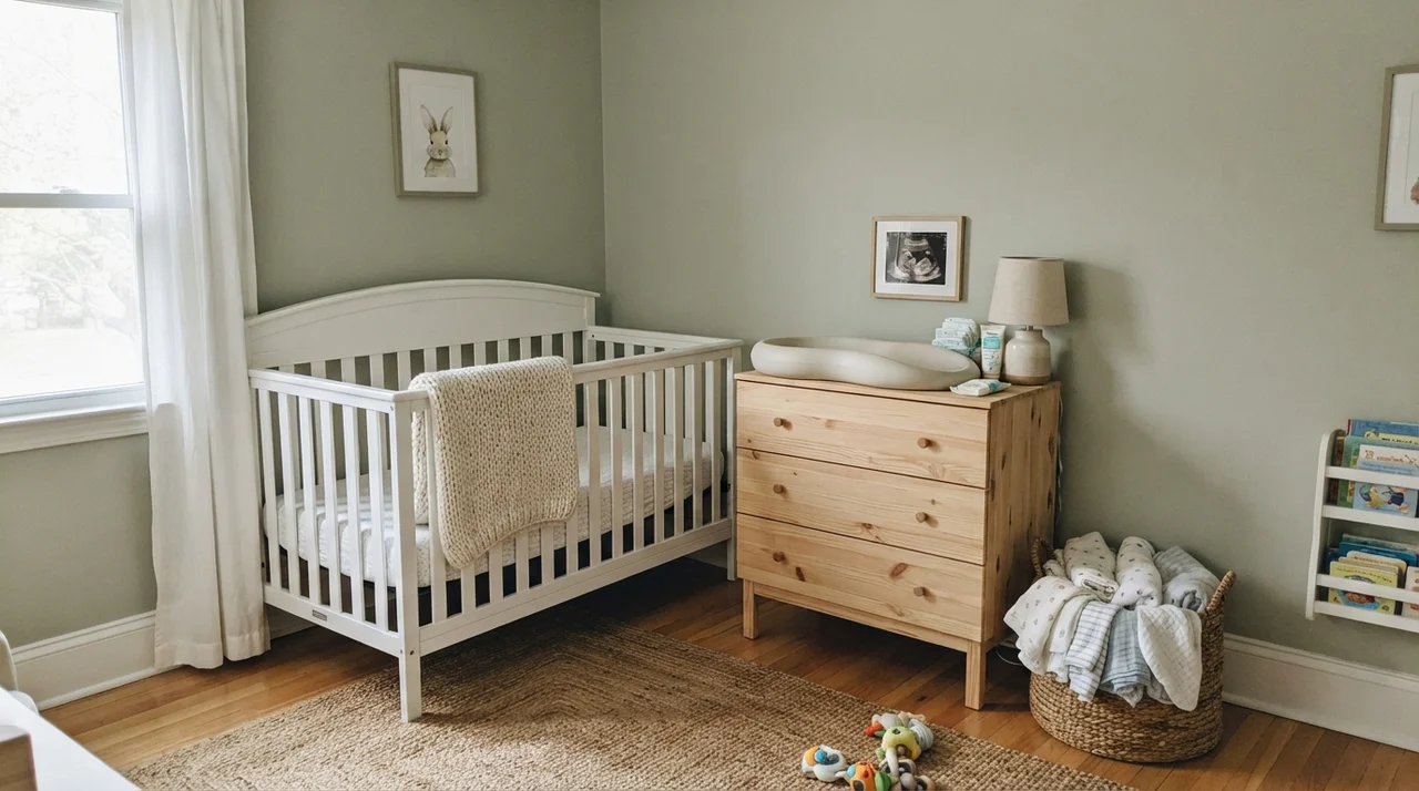 Nursery with white crib, light-wood dresser, and October Mist painted walls