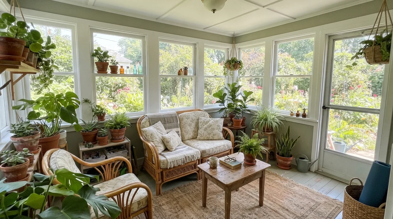 Sunroom with white-framed windows, rattan furniture, and October Mist walls