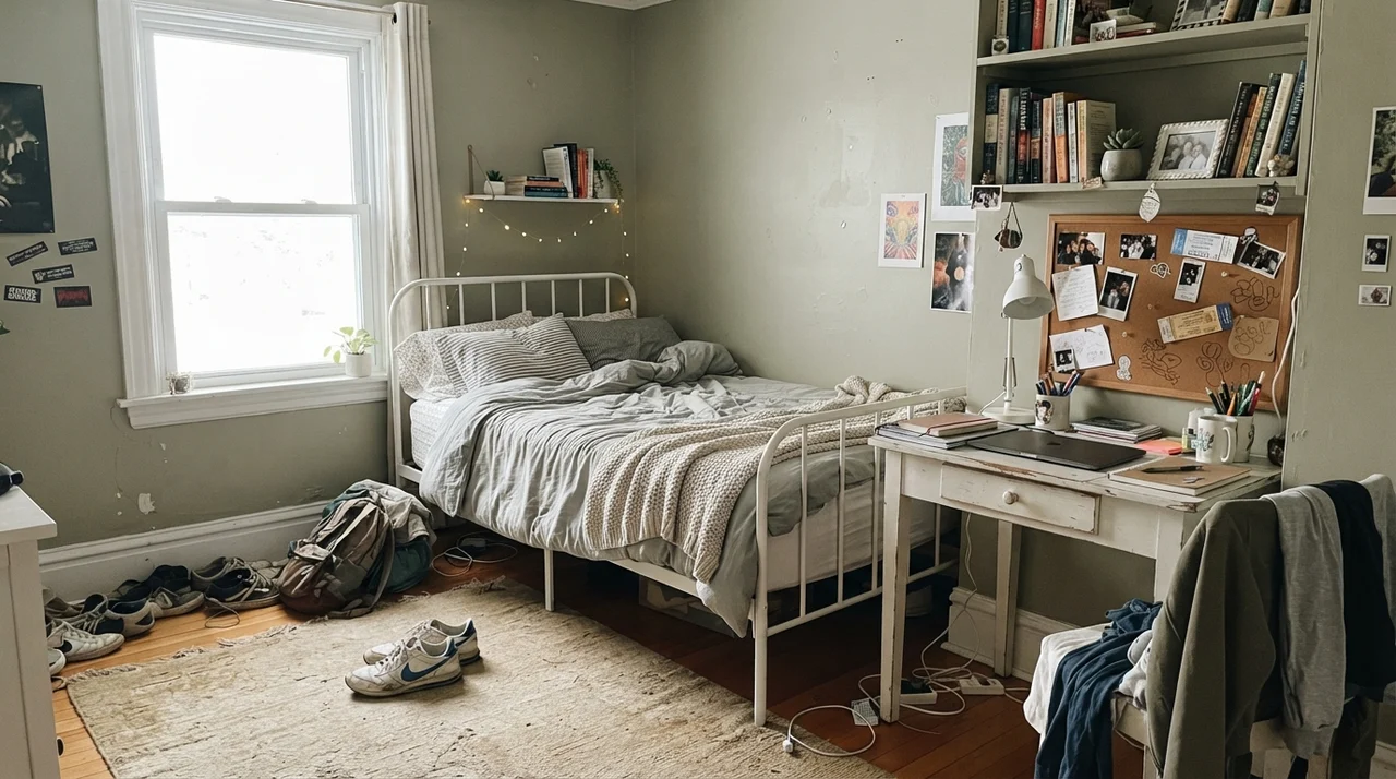 Teenager's bedroom with white metal bed, desk, and October Mist walls