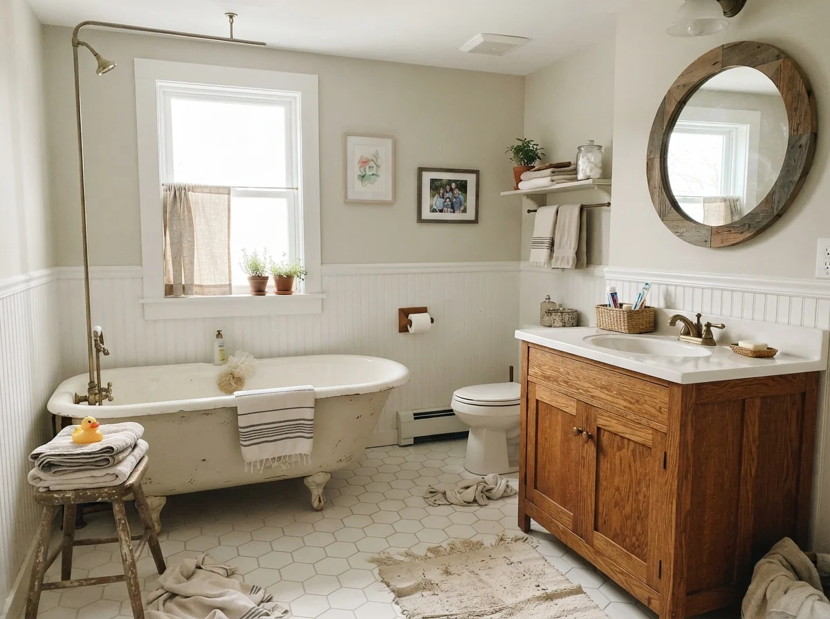 Cottage bathroom with white clawfoot tub, hex tile, warm oak vanity, and painted walls in morning light.