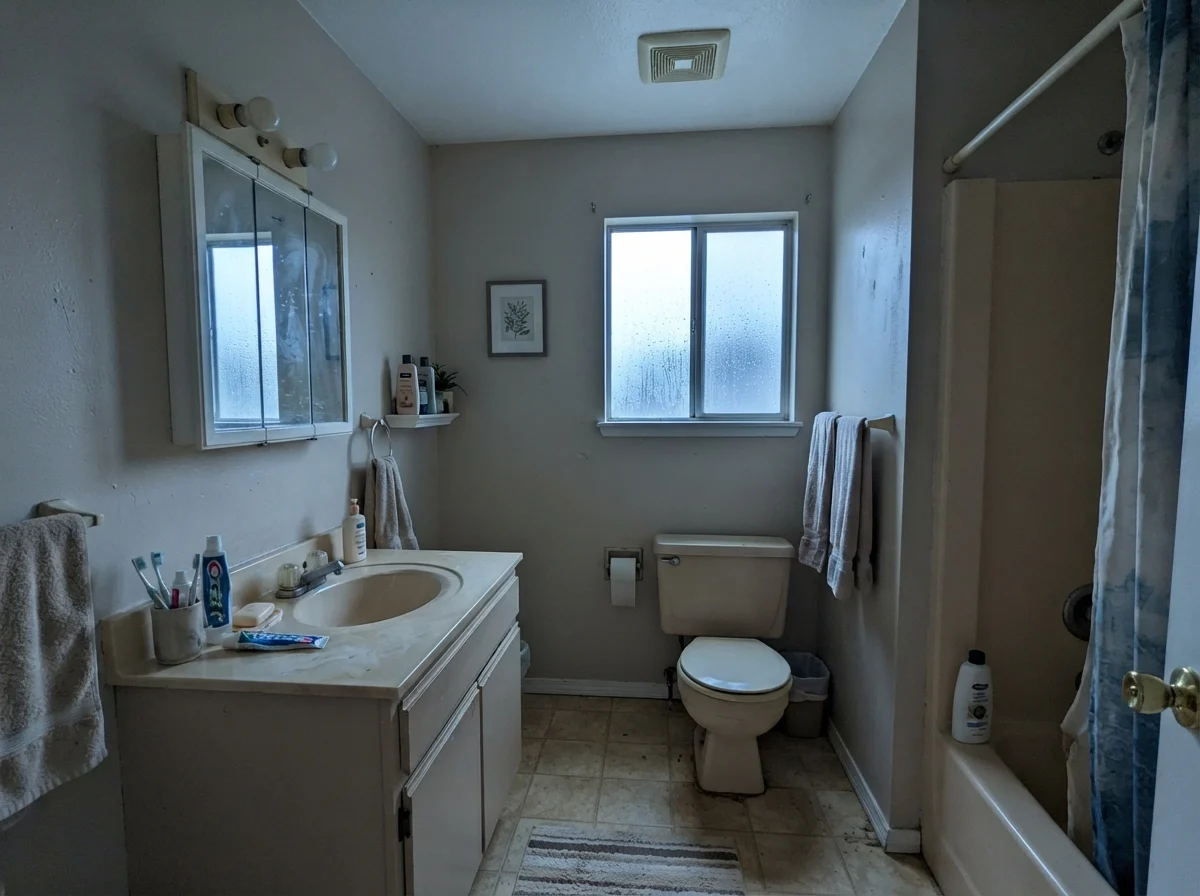 Dated bathroom with painted walls showing a cool cast, older beige vanity, and toilet.