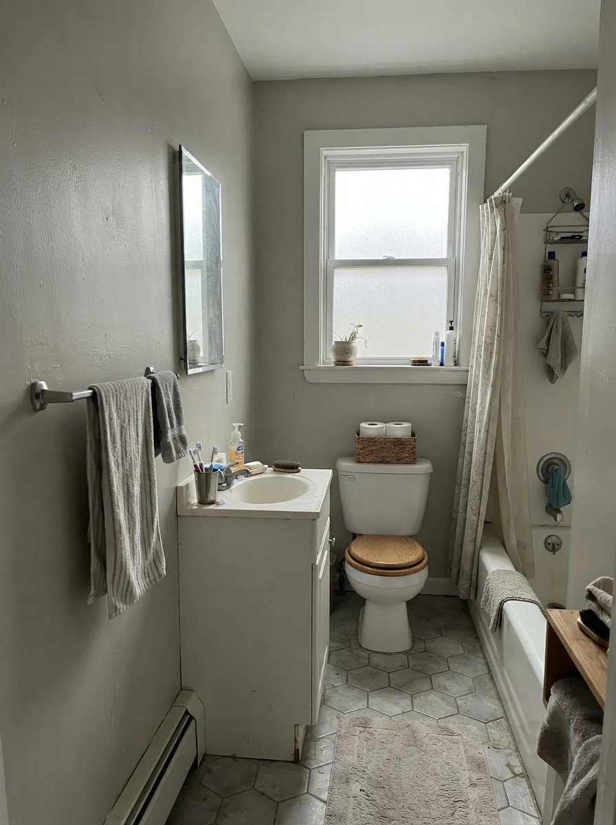 Small bathroom with painted walls looking muted and gray under overcast daylight through a window.