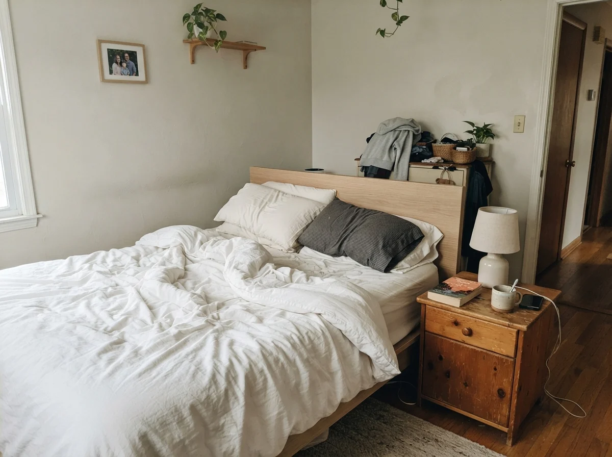 Simple bedroom in cool morning daylight with unmade white bedding and painted walls.