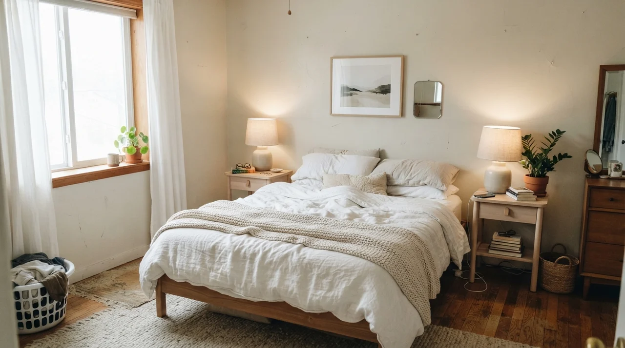 Main bedroom with painted greige walls, white linen bedding, pale oak nightstands, and ceramic lamps.