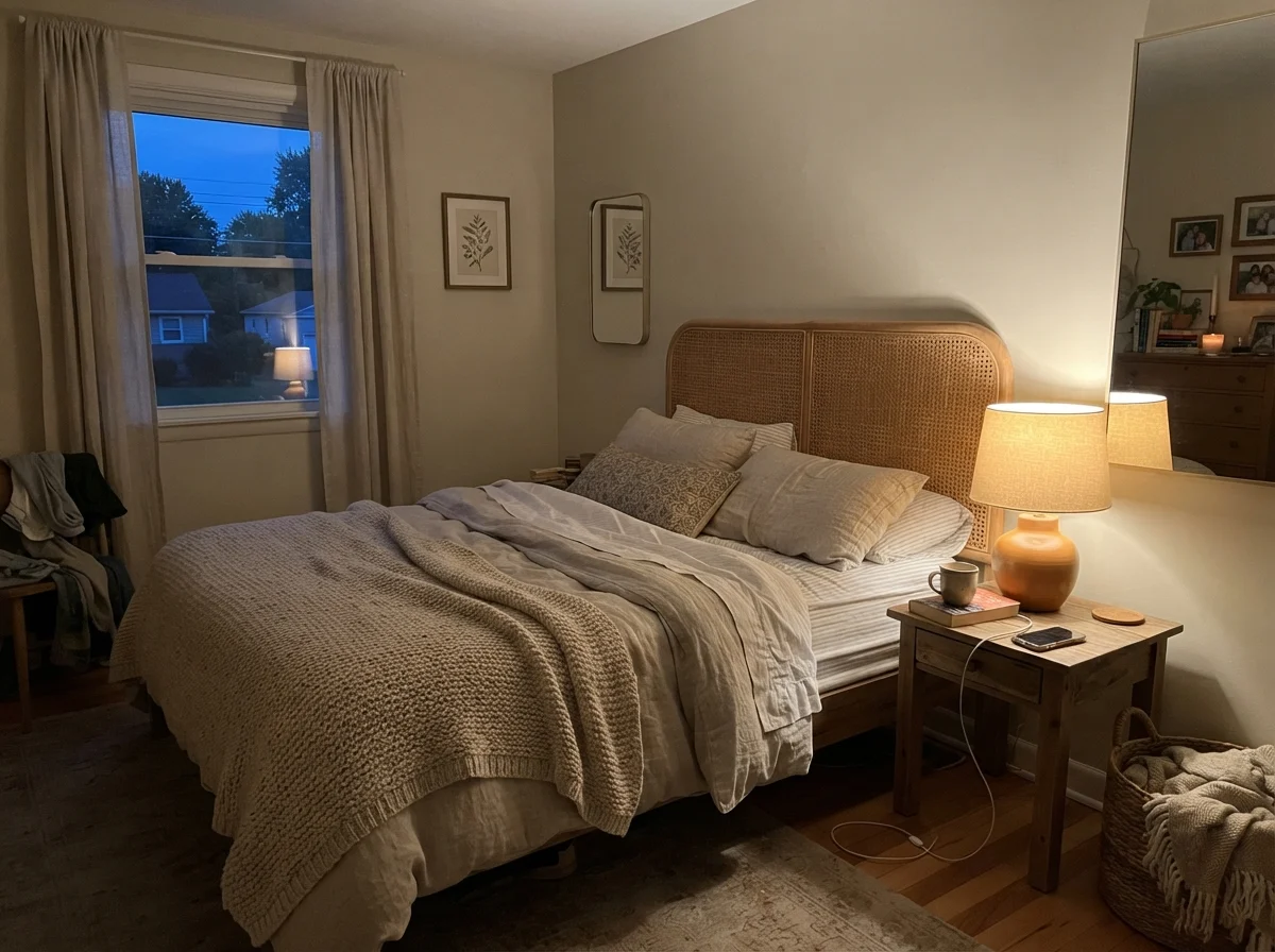 Bedroom at dusk with a warm lamp glowing on the painted wall and a rattan headboard.