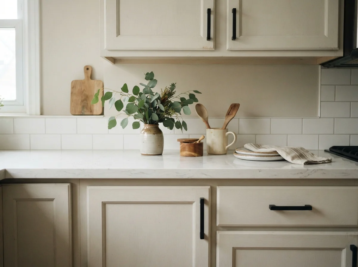 Close-up of pale greige shaker cabinet fronts with matte black hardware and white quartz counter.