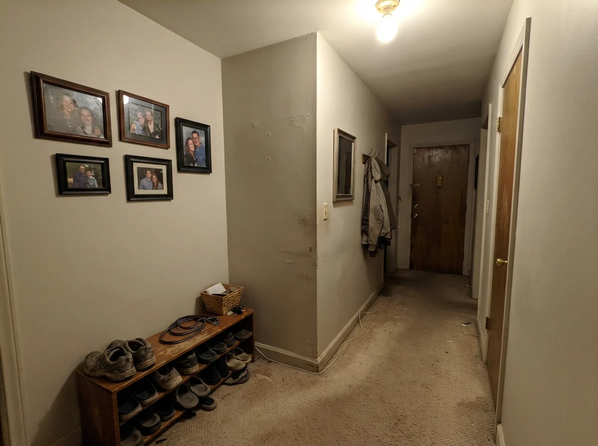 Windowless hallway corner with painted wall looking muddy and flat under a single ceiling bulb with beige carpet.