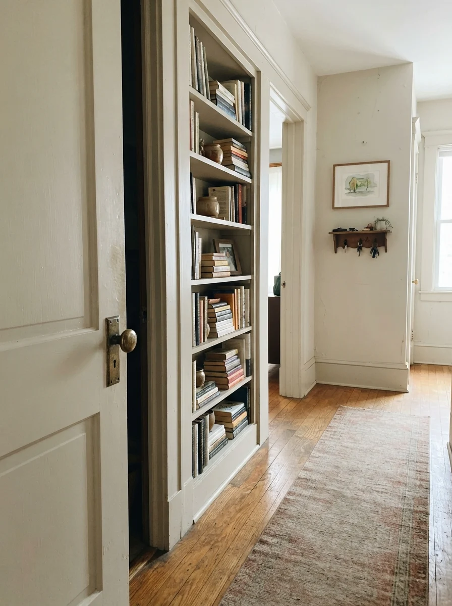 Hallway with an interior door and built-in bookshelf painted in pale greige against cream walls.