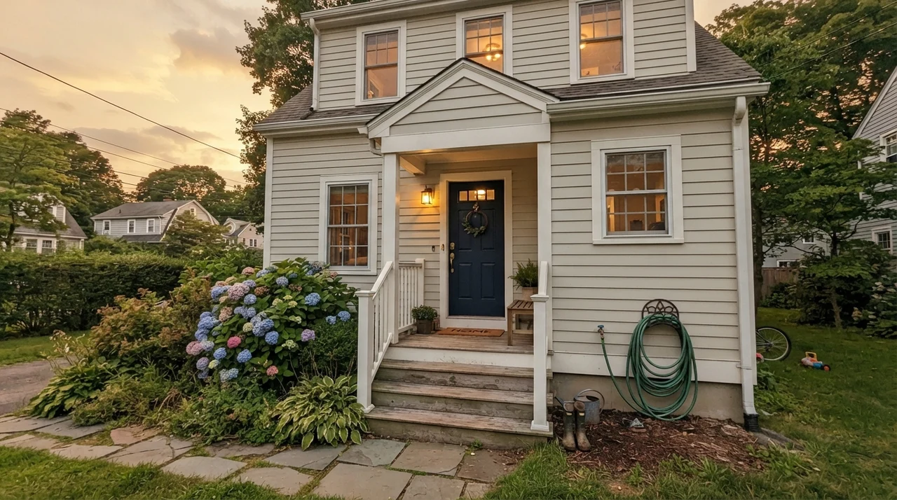 House exterior with horizontal siding painted pale greige, white trim, navy front door, and porch.