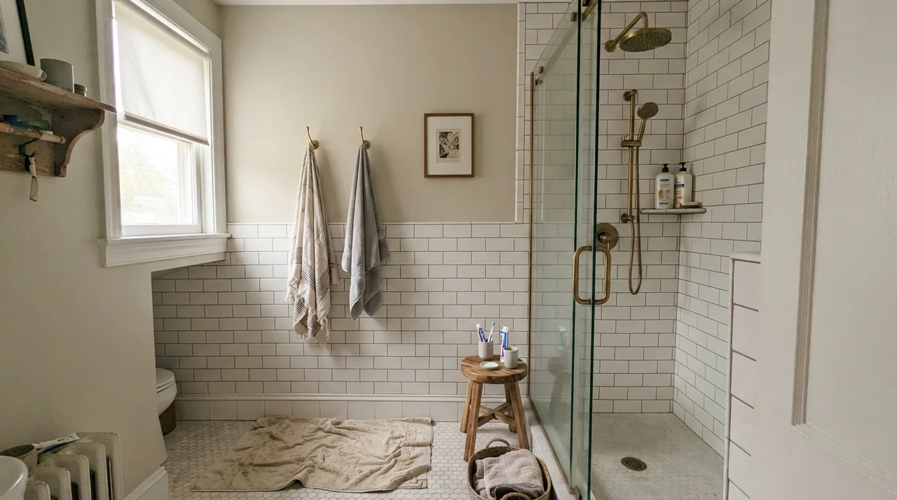Family bathroom with upper walls painted greige above white subway tile wainscot, brass shower fixtures, glass shower door, towels on hooks, and a well-used bath mat.
