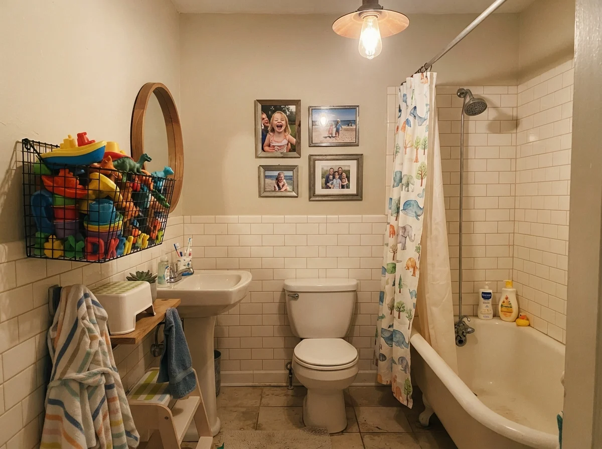 Kids bathroom with painted walls over white subway tile, shower curtain, bath toys basket, and family photos.