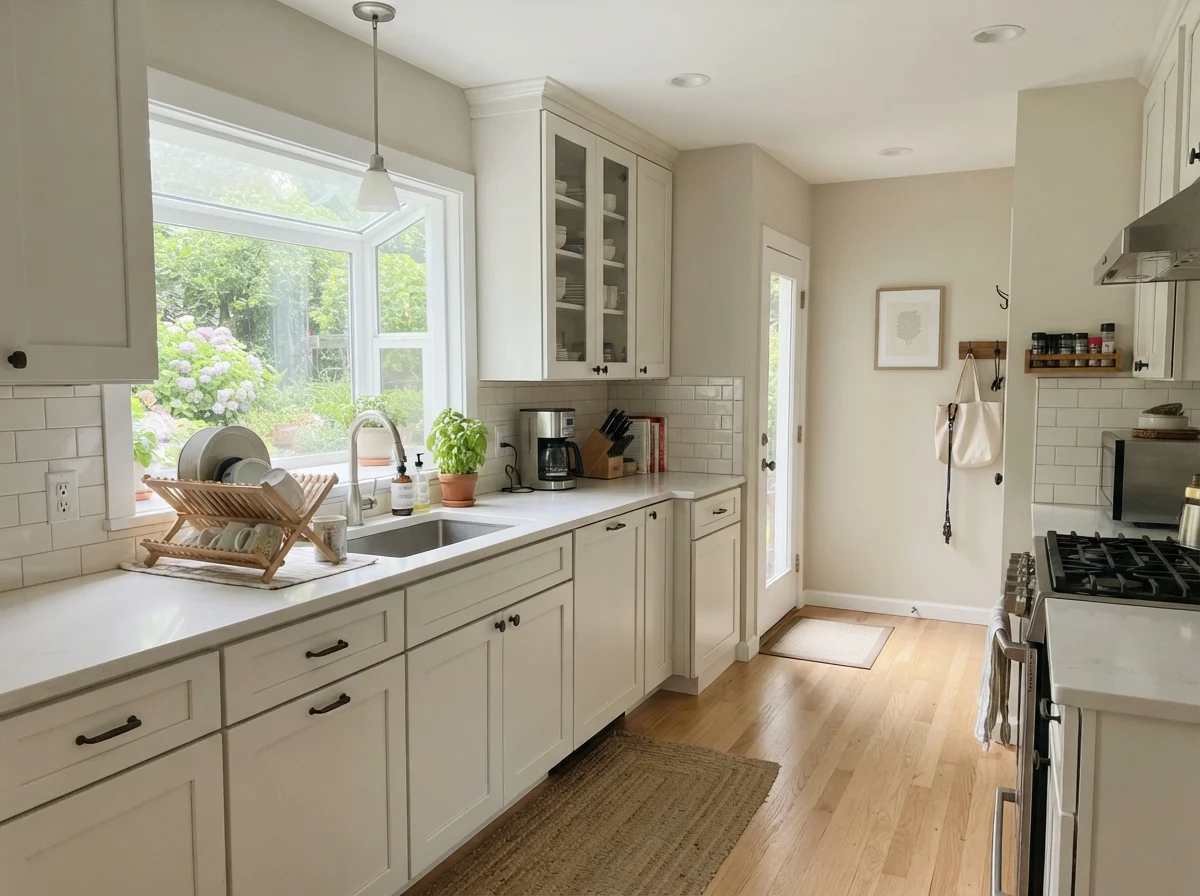 Kitchen with shaker cabinets painted pale greige, white subway tile backsplash, white counters, and light oak floors.