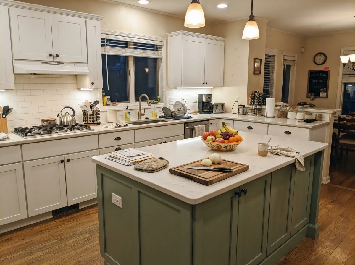 Family kitchen showing an island painted pale greige with surrounding white cabinets and cutting board.