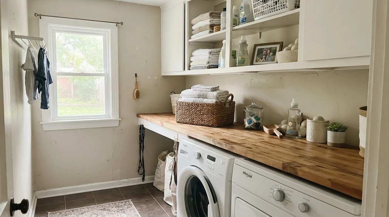 Small bright laundry room with painted walls, white cabinets, butcher-block counter, and washer dryer.