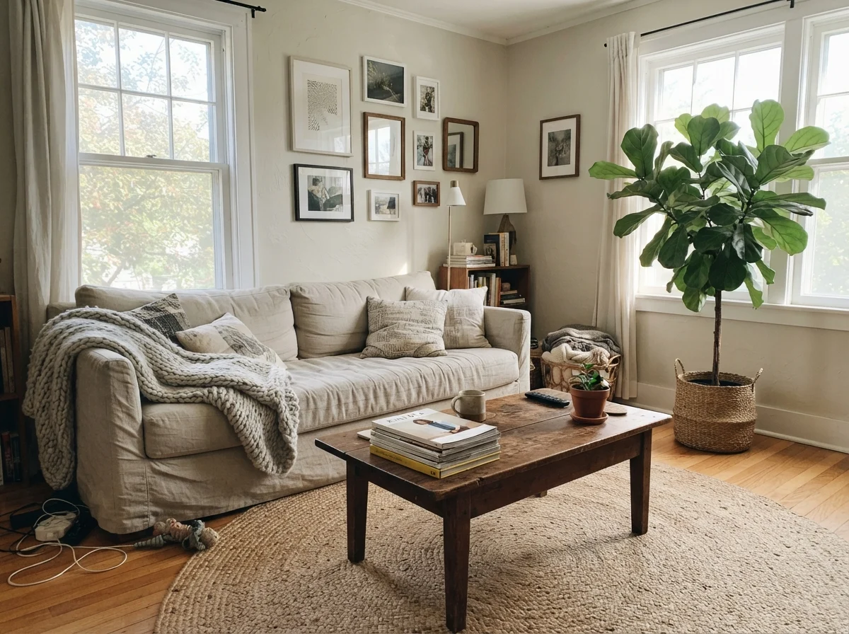 Living room with painted greige walls, linen sofa, wood coffee table, and large potted plant in generous midday sun.