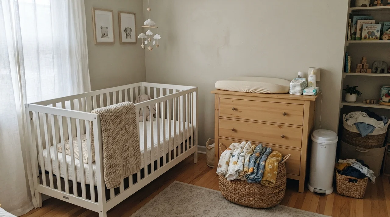 Nursery with painted walls, white crib, light-wood changing dresser, and basket of muslin cloths.