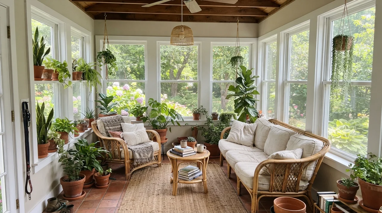 Sunroom with painted walls between white windows, rattan furniture, and terracotta potted plants in bright daylight.