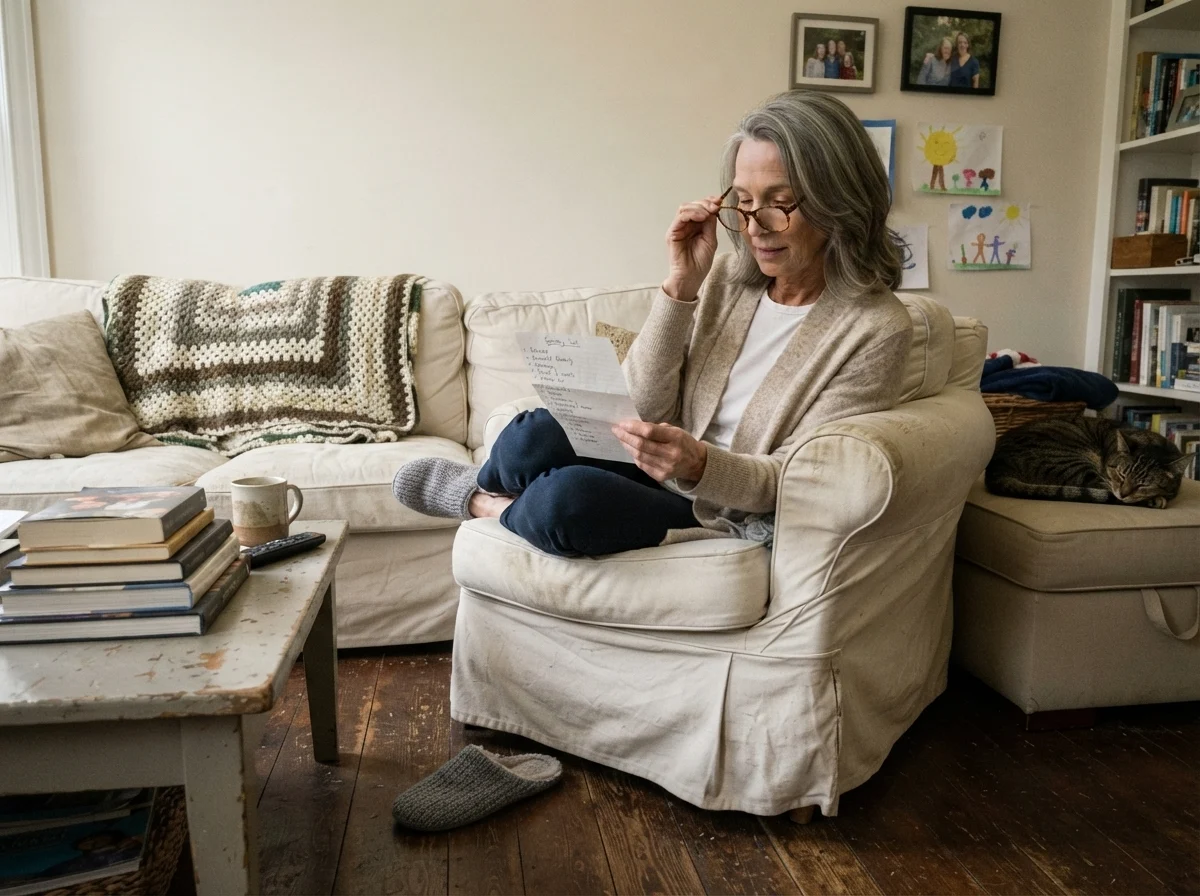 Susan sitting in an armchair with glasses and a grocery list against a living room wall painted in Benjamin Moore Pale Oak.