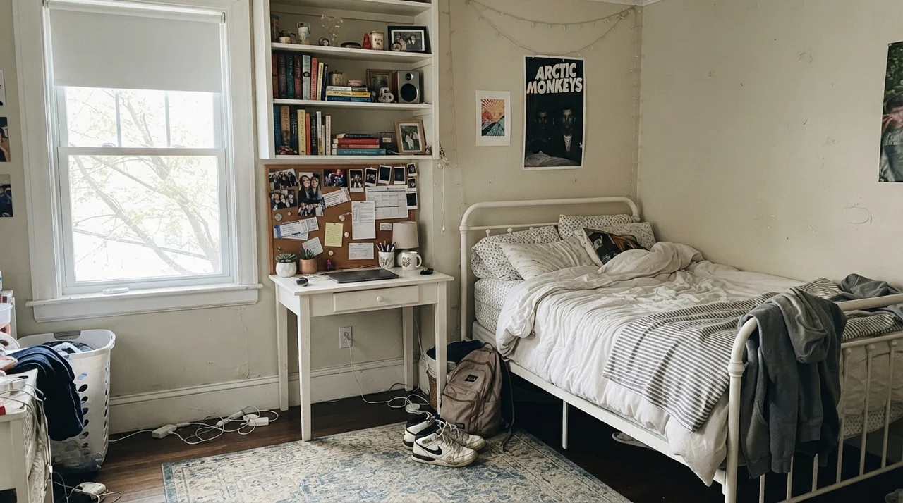 Teenager bedroom with painted walls, white metal bed frame, small white desk, and bookshelves.