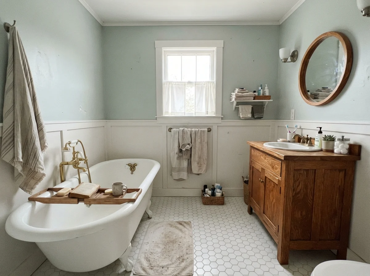 Cottage bathroom with clawfoot tub, hex tile, and soft aqua walls