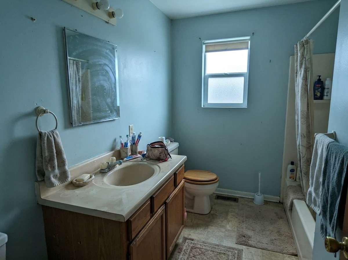 Modest bathroom with cool north daylight casting a pale grayish-blue tone on walls