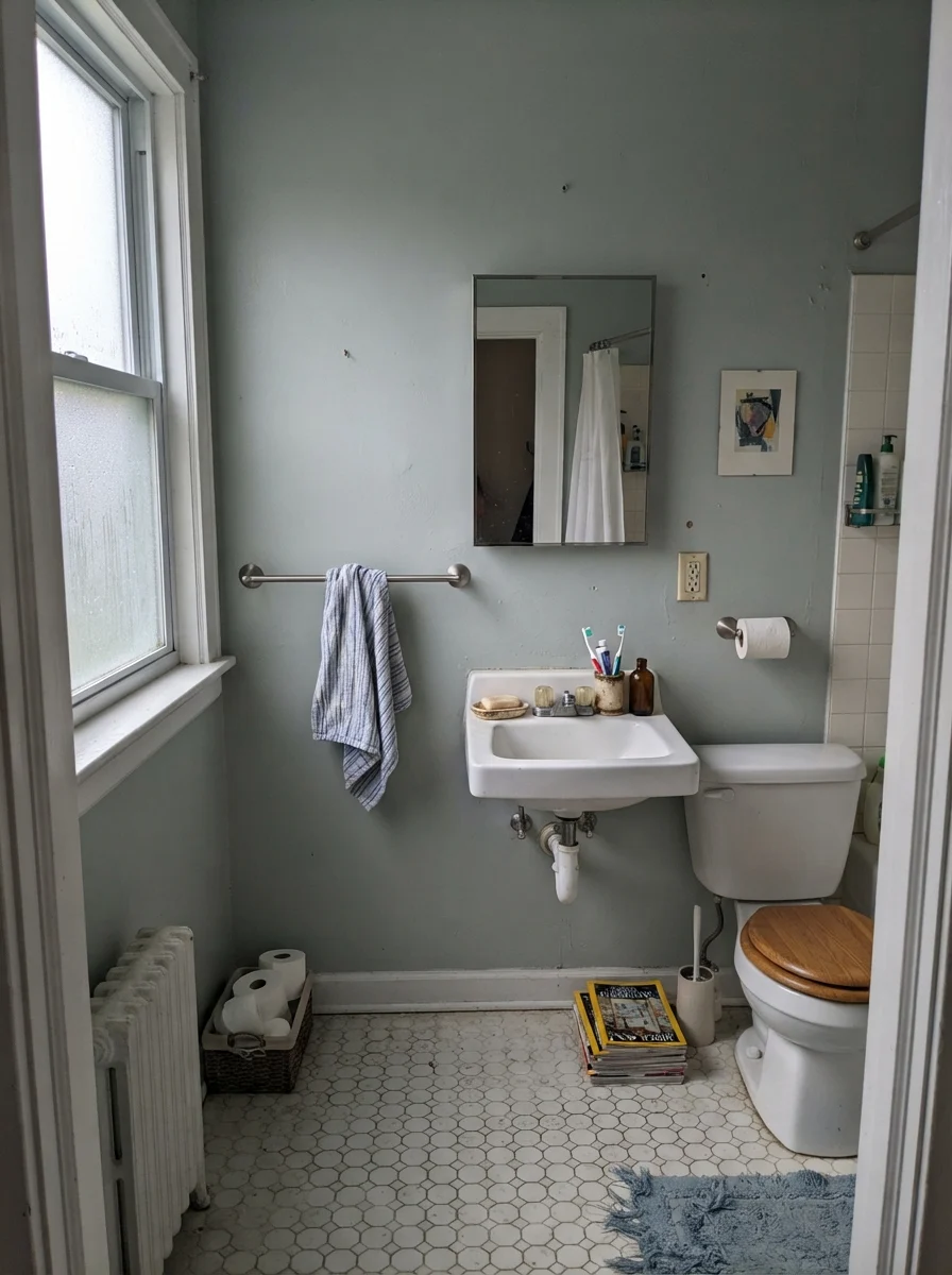 Small bathroom on an overcast day with walls showing a muted grayish blue tone