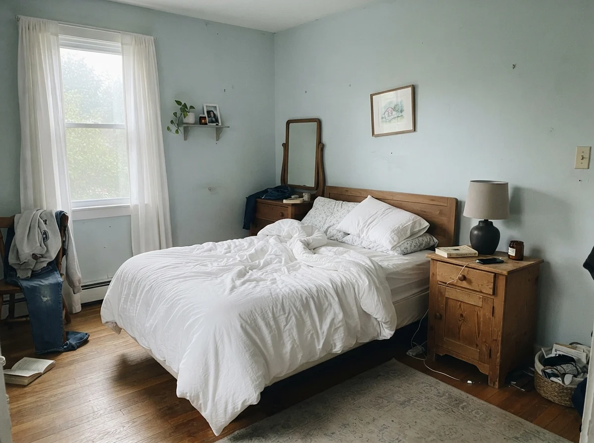 Bedroom in cool early morning light showing pale muted blue-toned walls