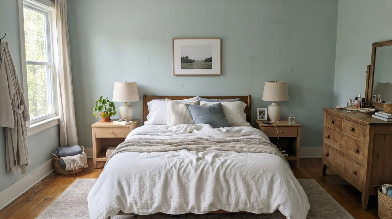 Serene bedroom with soft blue-green walls and white linen bedding