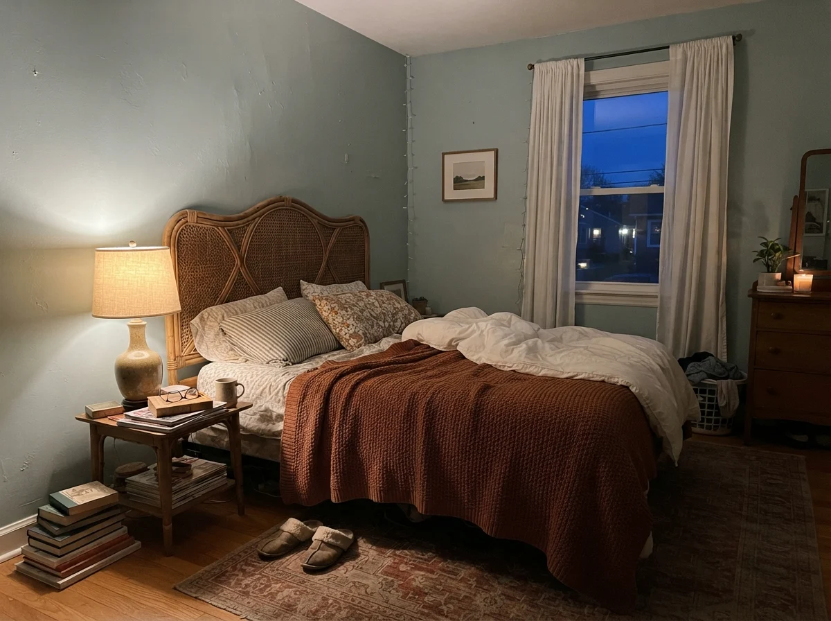 Bedroom at dusk with warm table lamp illuminating soft green-tinted walls