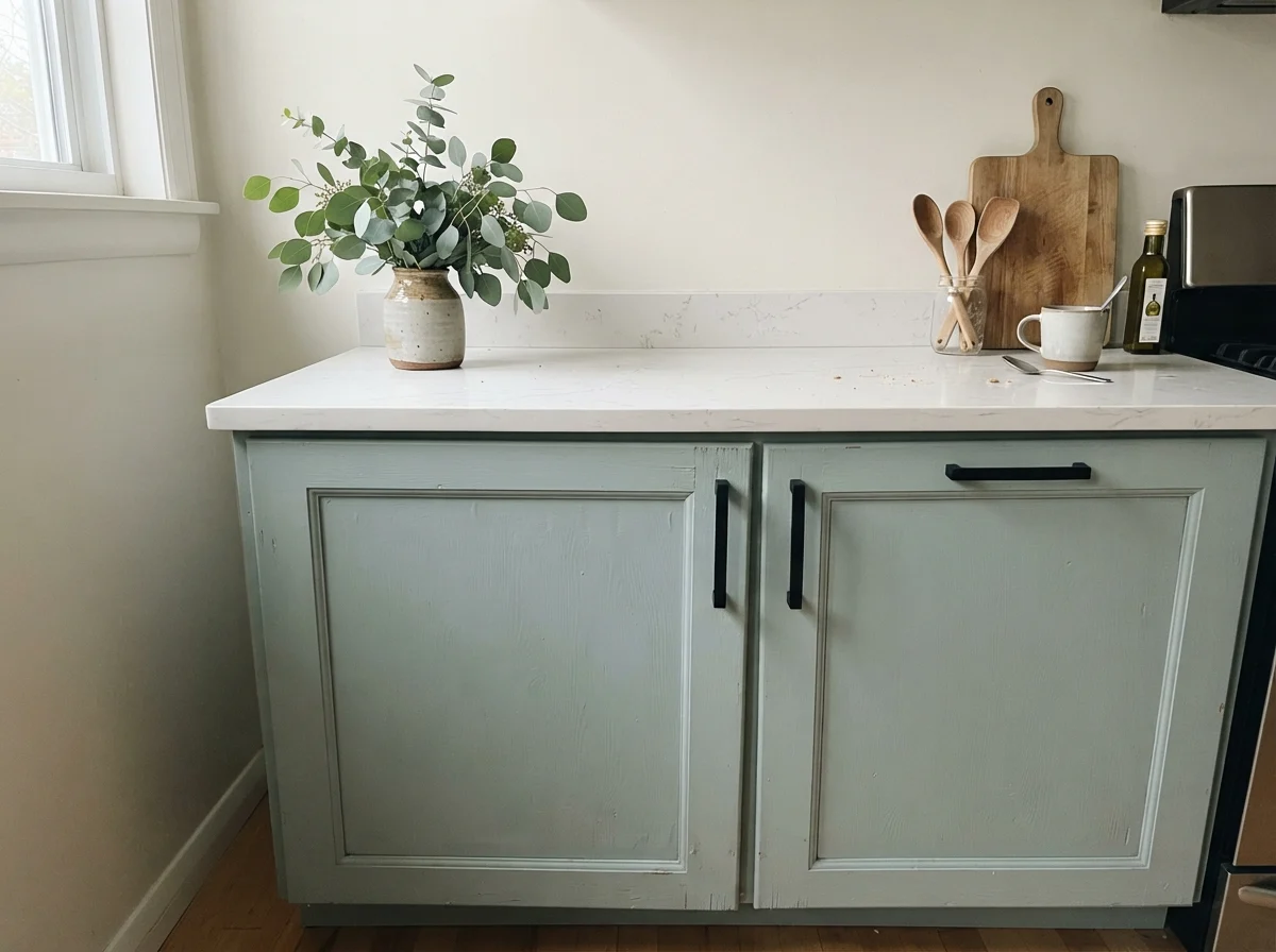 Close-up of shaker cabinets in Palladian Blue with black handles and white quartz