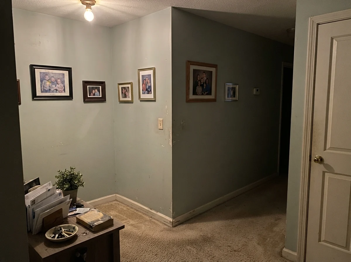 Windowless hallway corner showing muddy gray-green walls under dim bulb