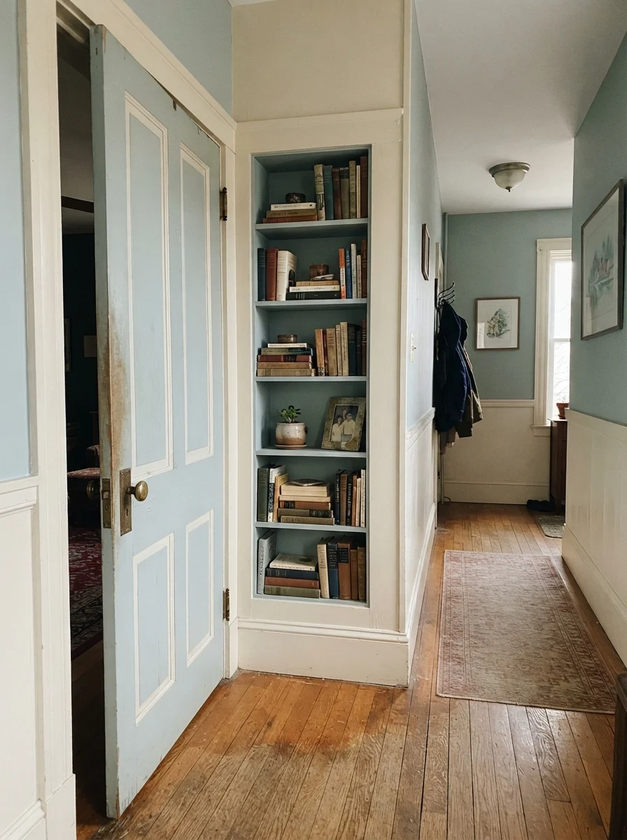 Interior door and built-in bookshelf painted soft blue-green against neutral hallway walls