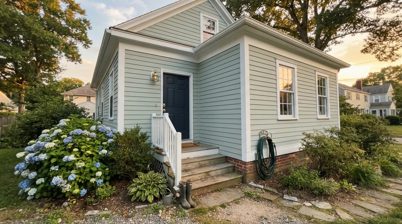 House exterior with soft blue-green horizontal siding, white trim, and navy front door