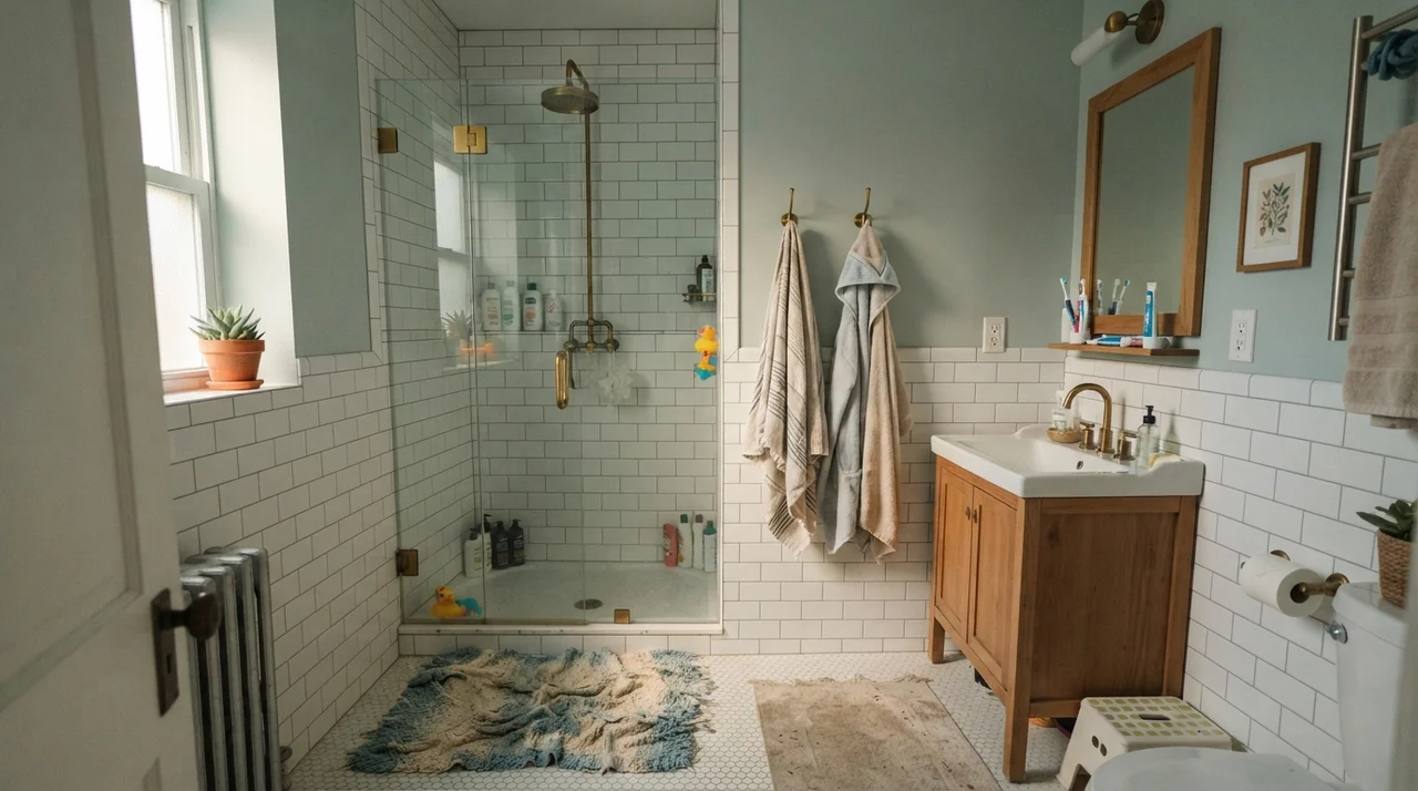 Family bathroom with soft blue-green upper walls above white subway tile wainscot with brass fixtures