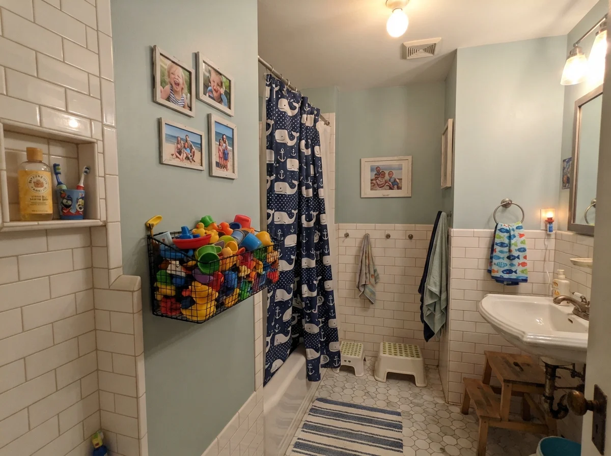 Kids bathroom with painted walls above white tile and colorful everyday accessories