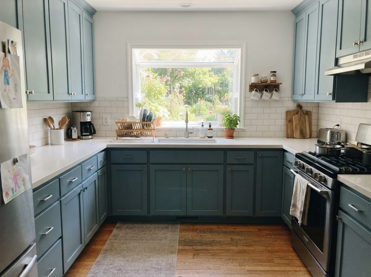 Bright kitchen featuring full shaker cabinets painted in soft blue-green