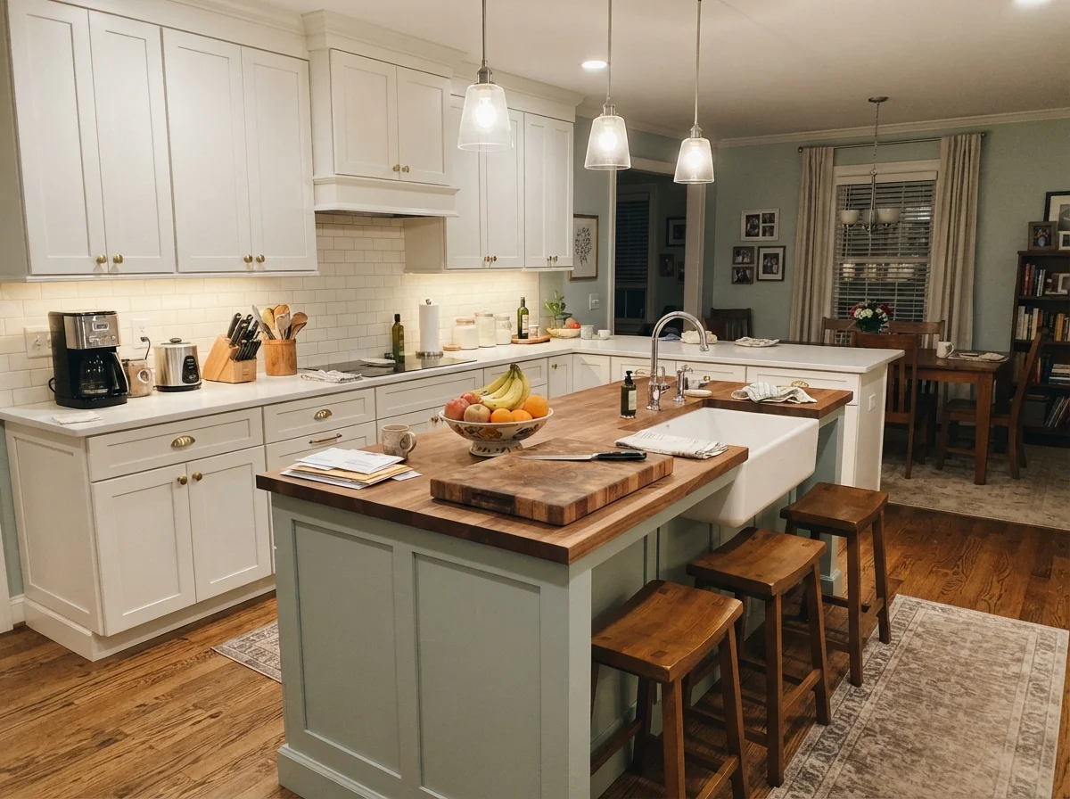 Kitchen island painted pale blue-green surrounded by white perimeter cabinets
