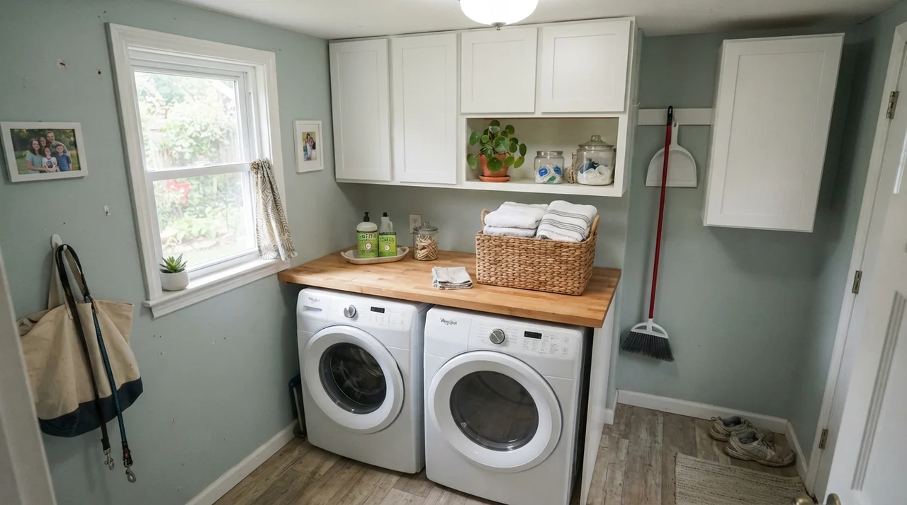 Bright laundry room with pale blue-green walls, butcher block counter, and white appliances