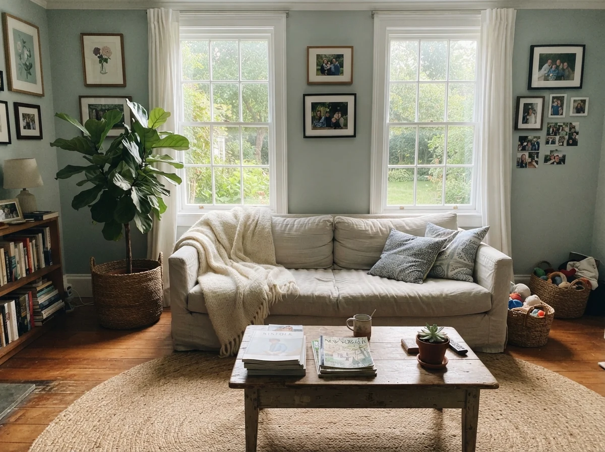 Living room with soft watery blue walls, linen sofa, and jute rug in bright sun