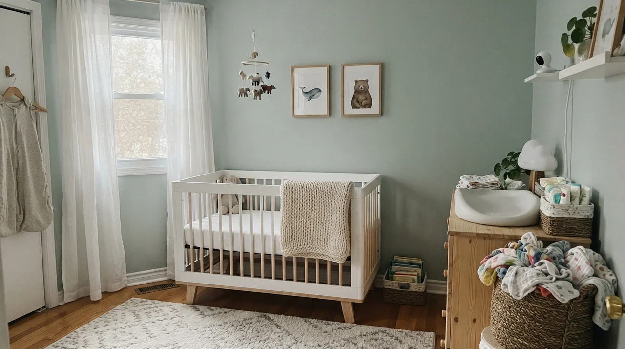Bright nursery with pale aqua walls, white crib, and light wood dresser