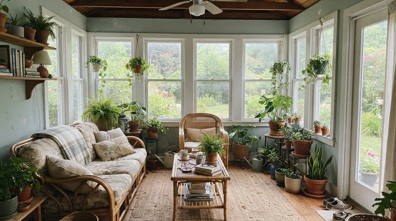 Sunroom with Palladian Blue walls between large windows and rattan furniture