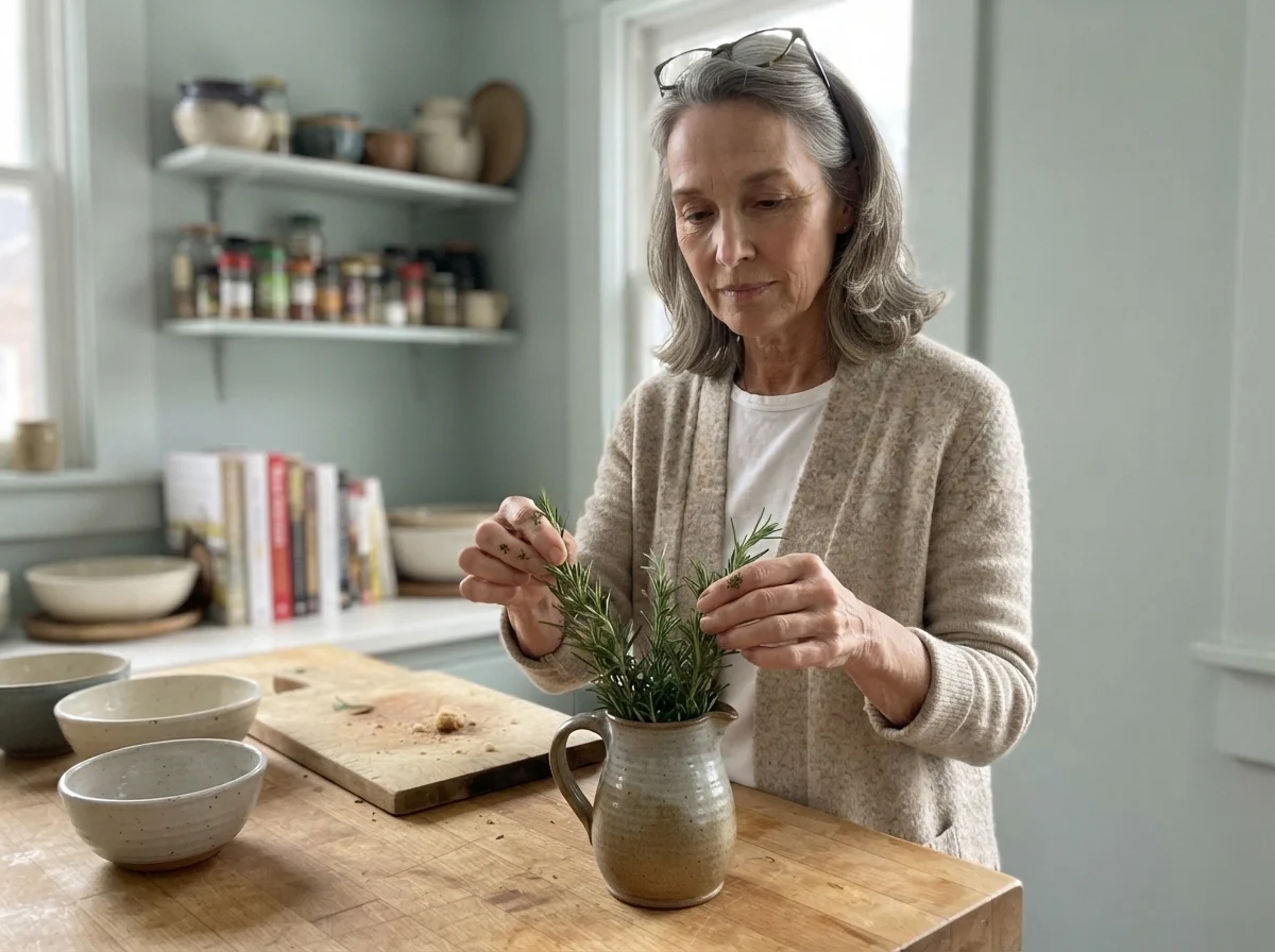 Susan Hartley in her kitchen with rosemary sprigs against Palladian Blue walls
